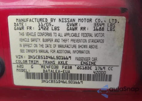 2006 Nissan Sentra 1.8S из США, поврежденный, VIN 3N1CB51D46L501669